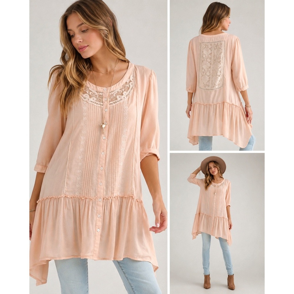 Free People Blush Lace-Trim Button Front Tunic